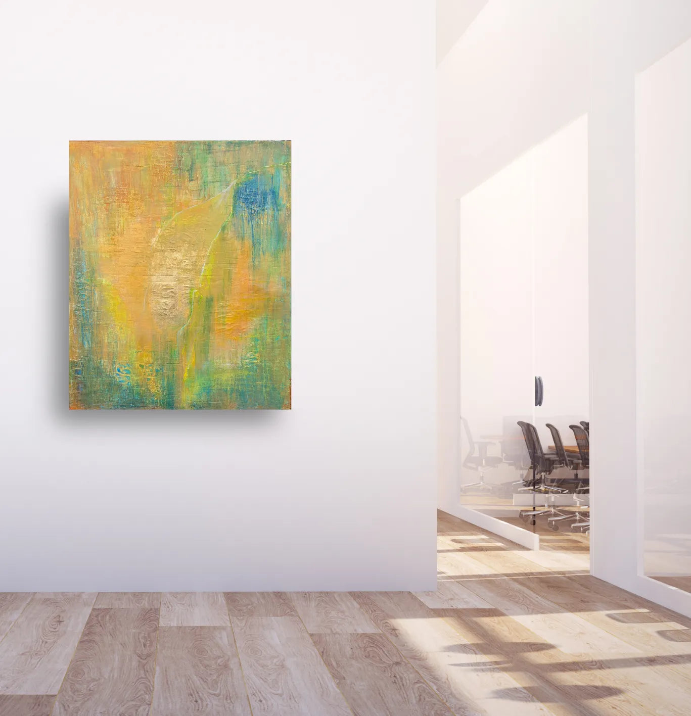 Unikat: Regnet Gold II, 120 cm x 100 cm, Acryl + Blattgold auf Marmormehl und Leinwand