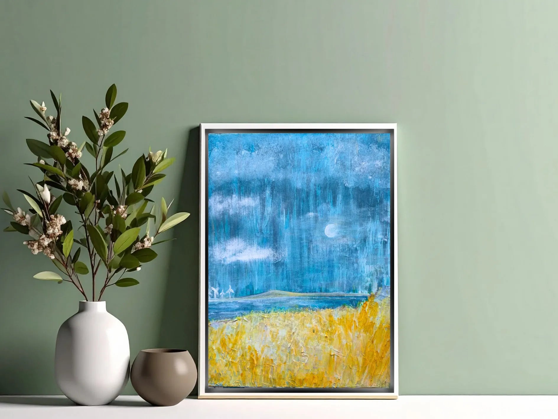 Unikat, gerahmt: Mondschein, 50 cm x 40 cm, Acryl auf Marmormehl und Leinwand