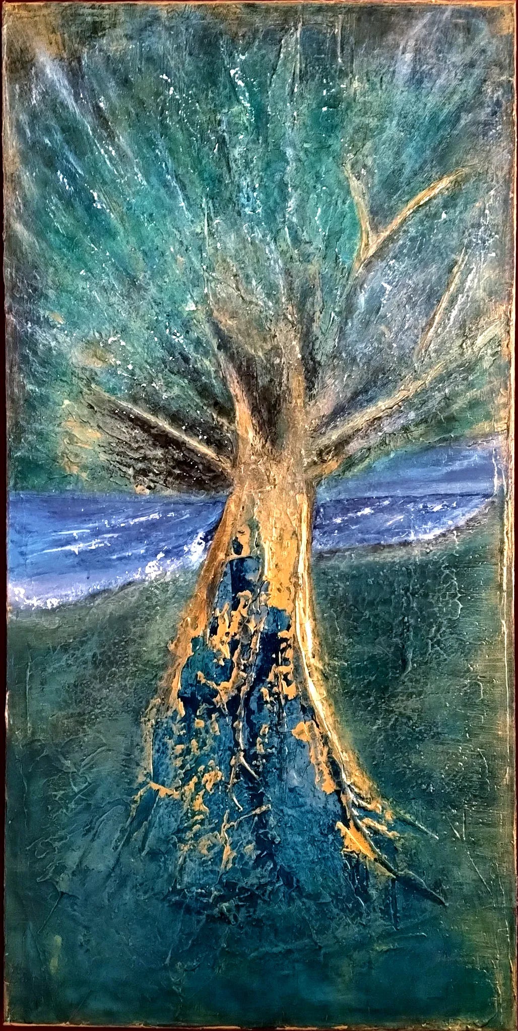 Unikat: Sturm geküsst, 120 cm x 60 cm, Acryl auf Marmormehl, Kreide und Leinwand, 2026