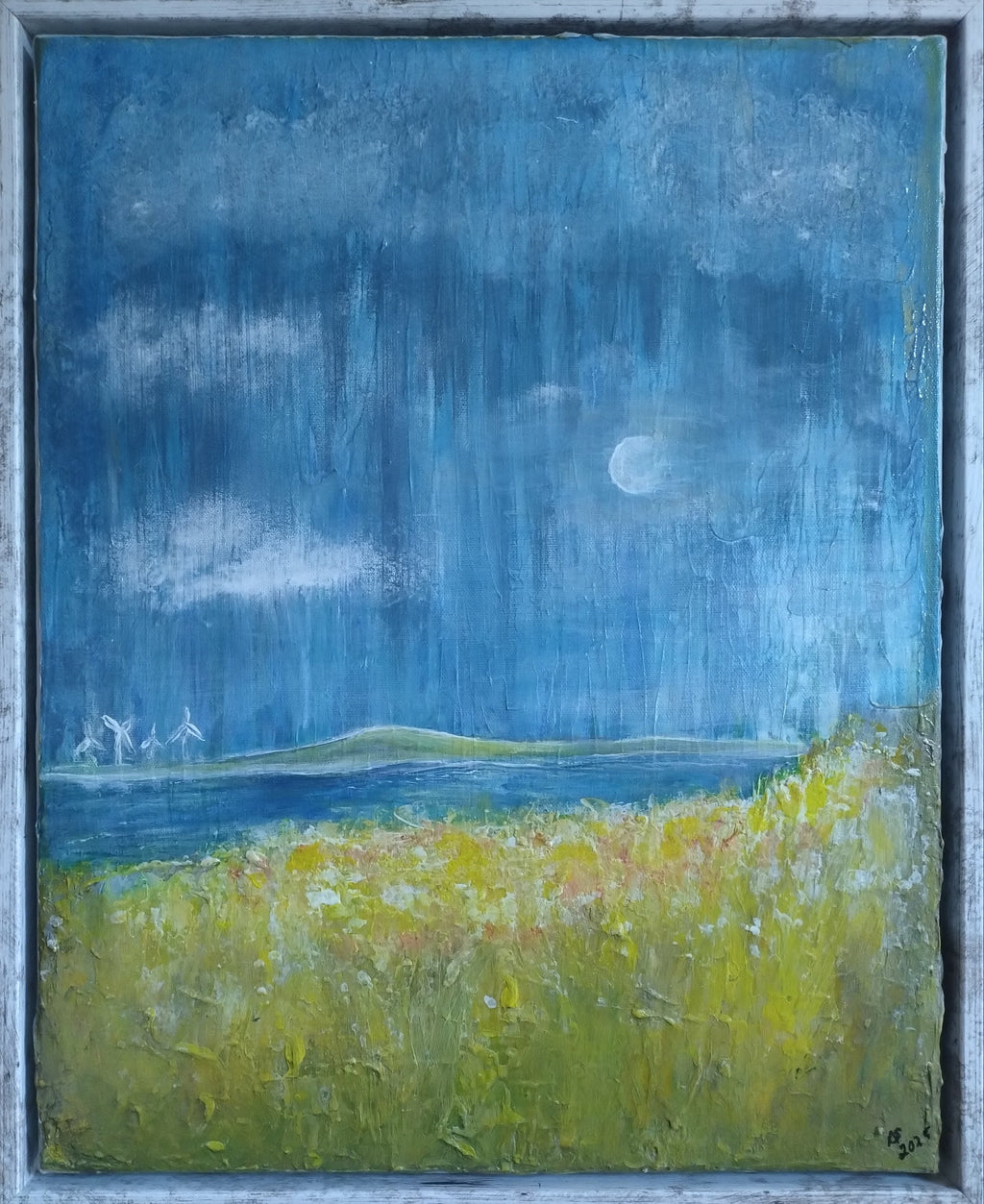 Unikat, gerahmt: Mondschein, 50 cm x 40 cm, Acryl auf Marmormehl und Leinwand