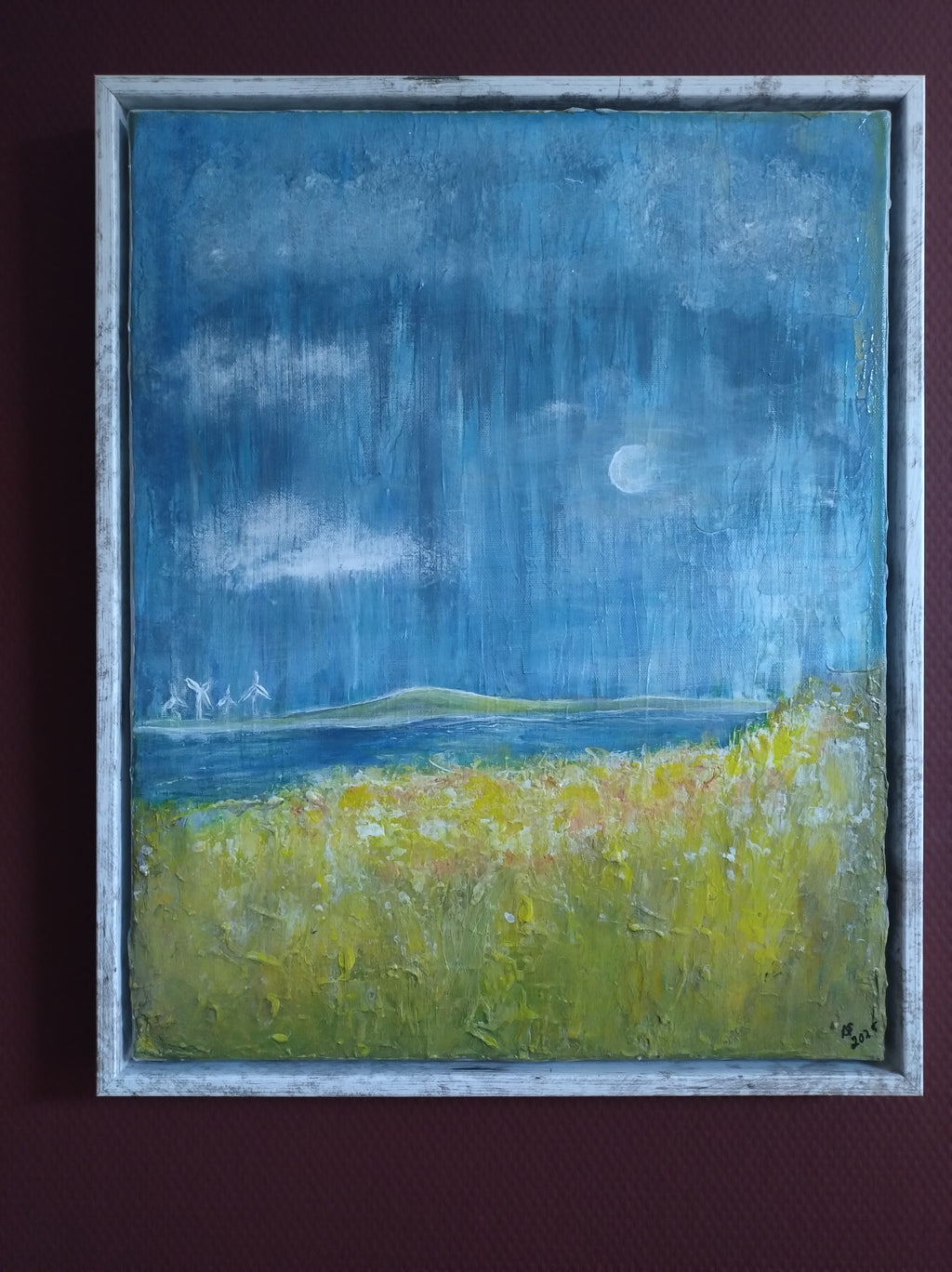 Unikat, gerahmt: Mondschein, 50 cm x 40 cm, Acryl auf Marmormehl und Leinwand