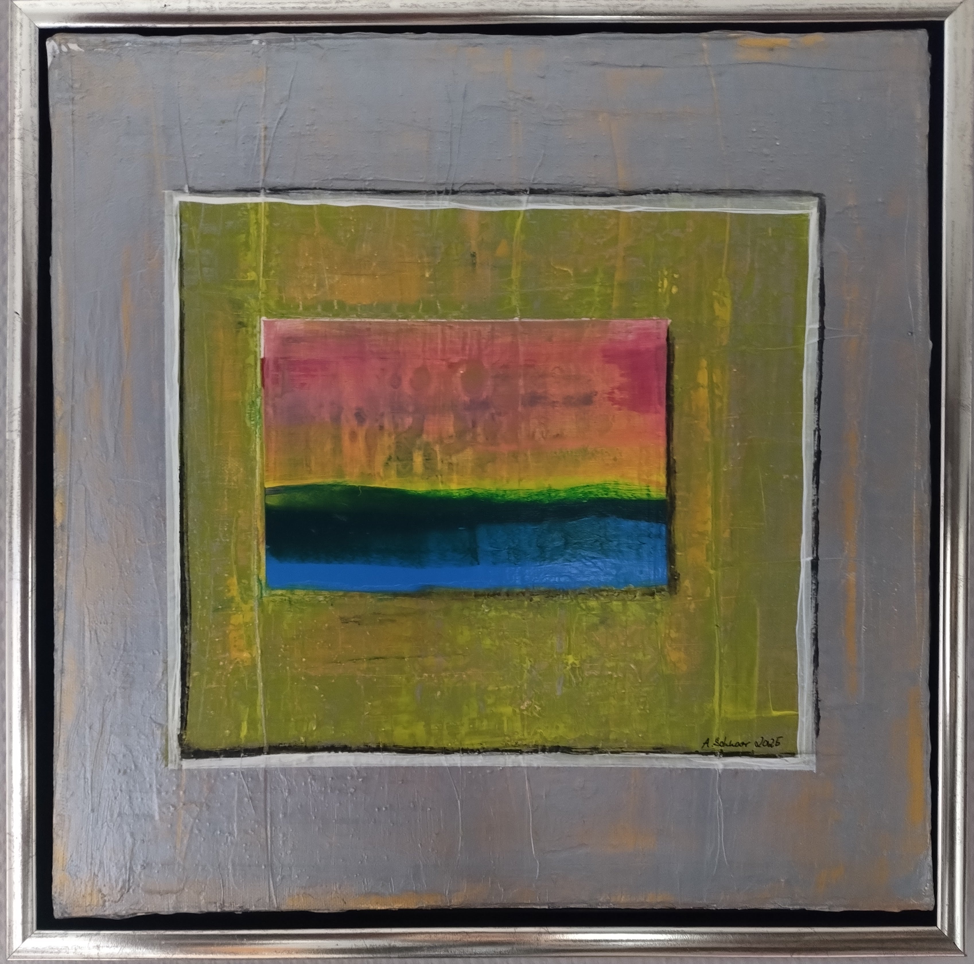 Unikat: Farbspiel in Silber, 40 cm x 40 cm, Acryl auf Leinwand