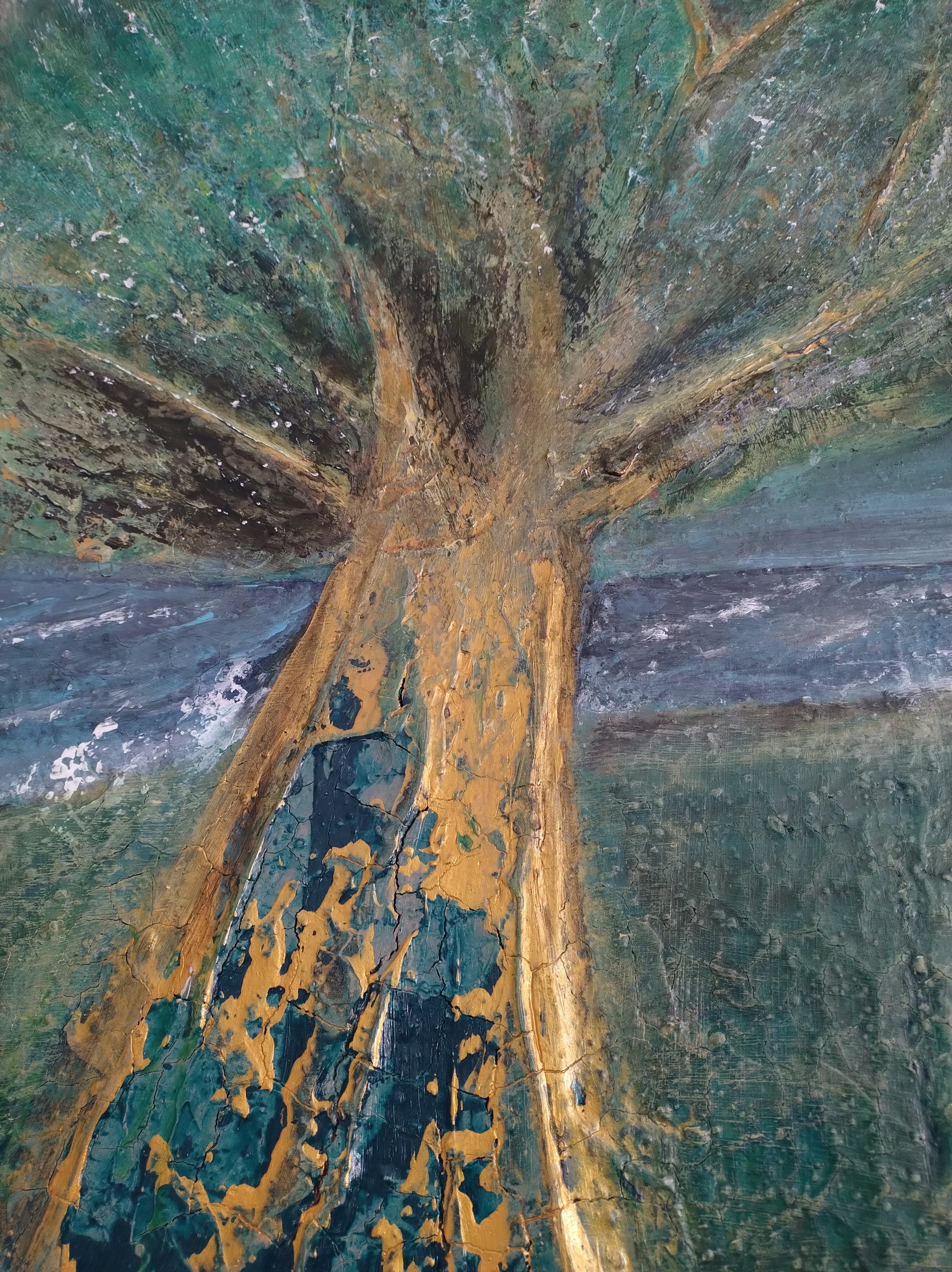 Unikat: Sturm geküsst, 120 cm x 60 cm, Acryl auf Marmormehl, Kreide und Leinwand