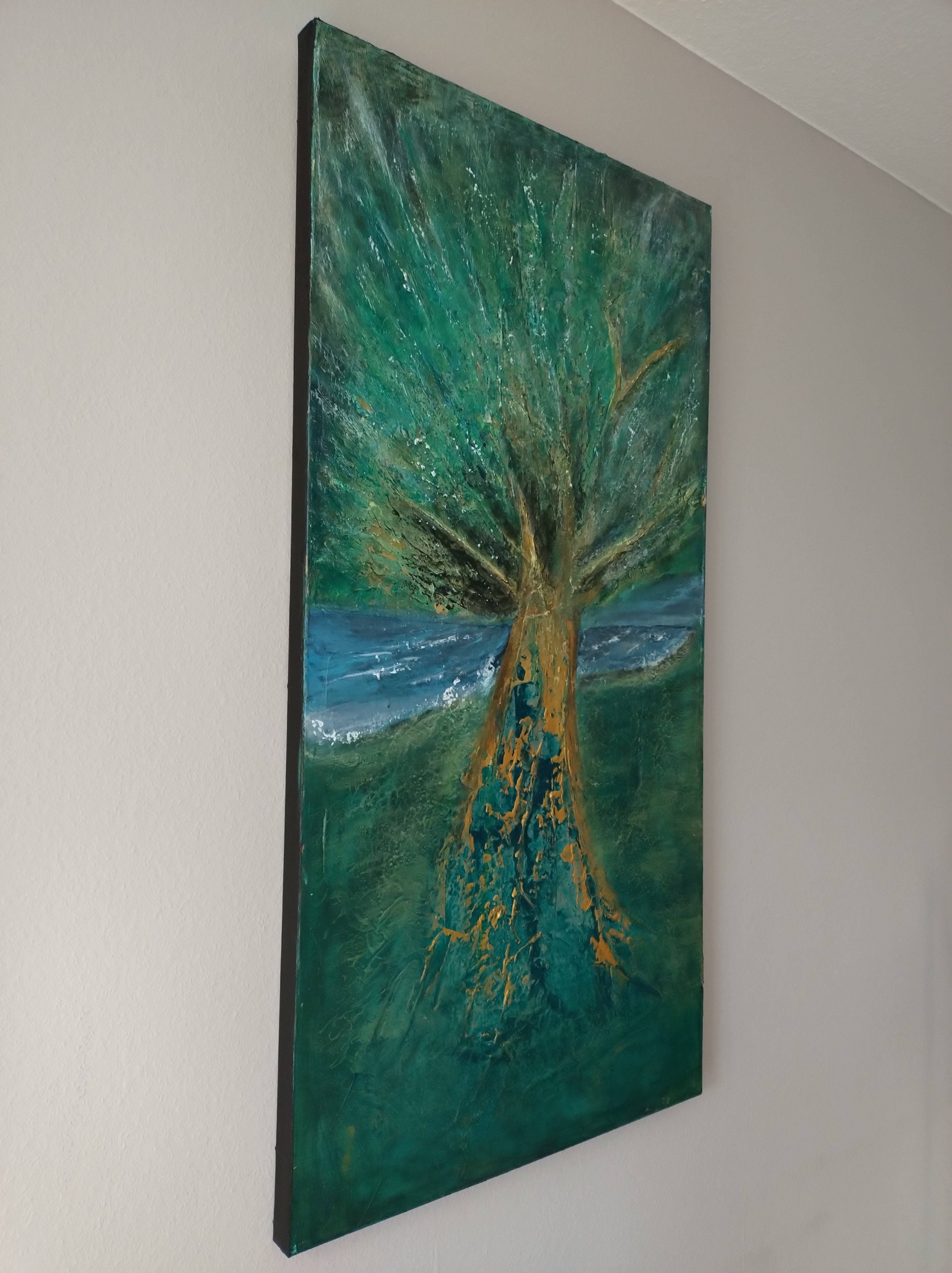 Unikat: Sturm geküsst, 120 cm x 60 cm, Acryl auf Marmormehl, Kreide und Leinwand