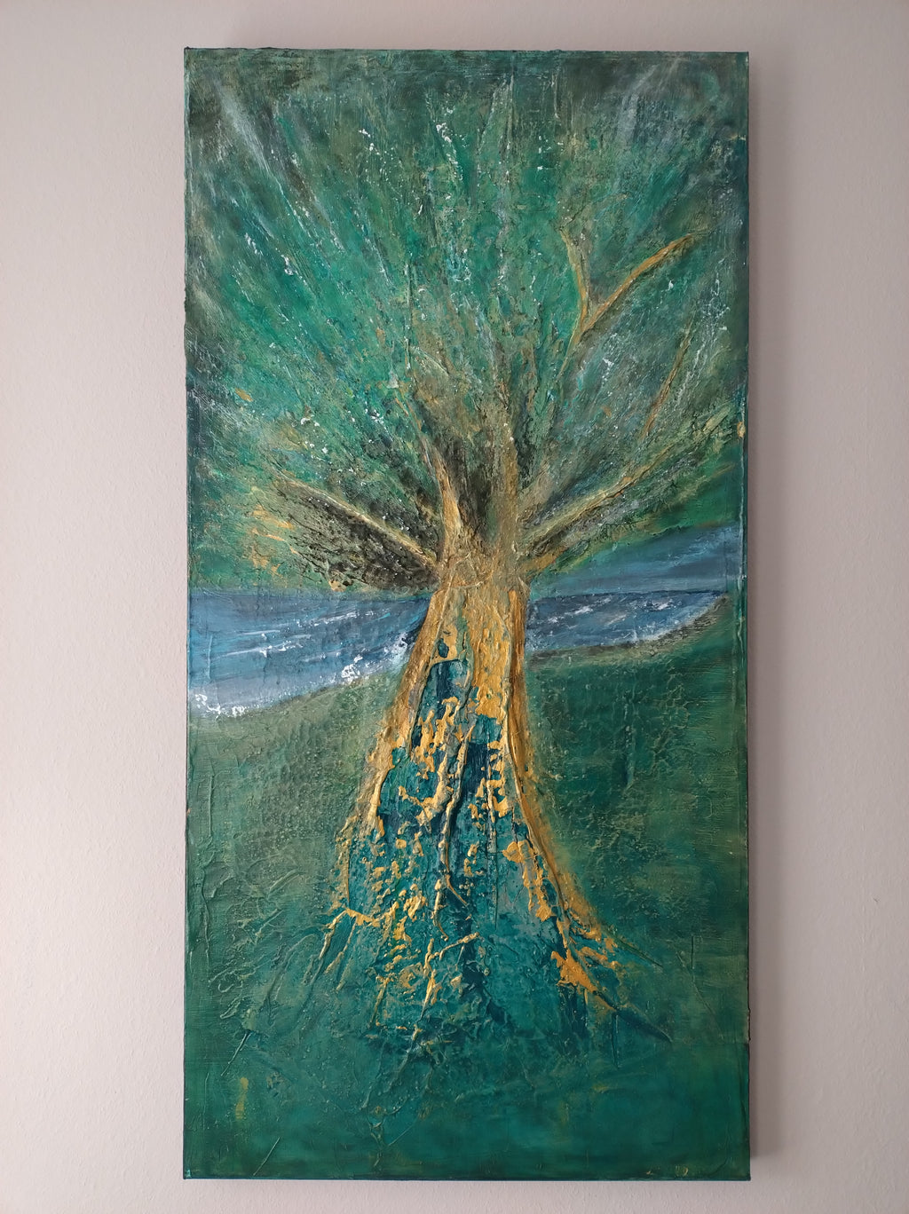 Unikat: Sturm geküsst, 120 cm x 60 cm, Acryl auf Marmormehl, Kreide und Leinwand