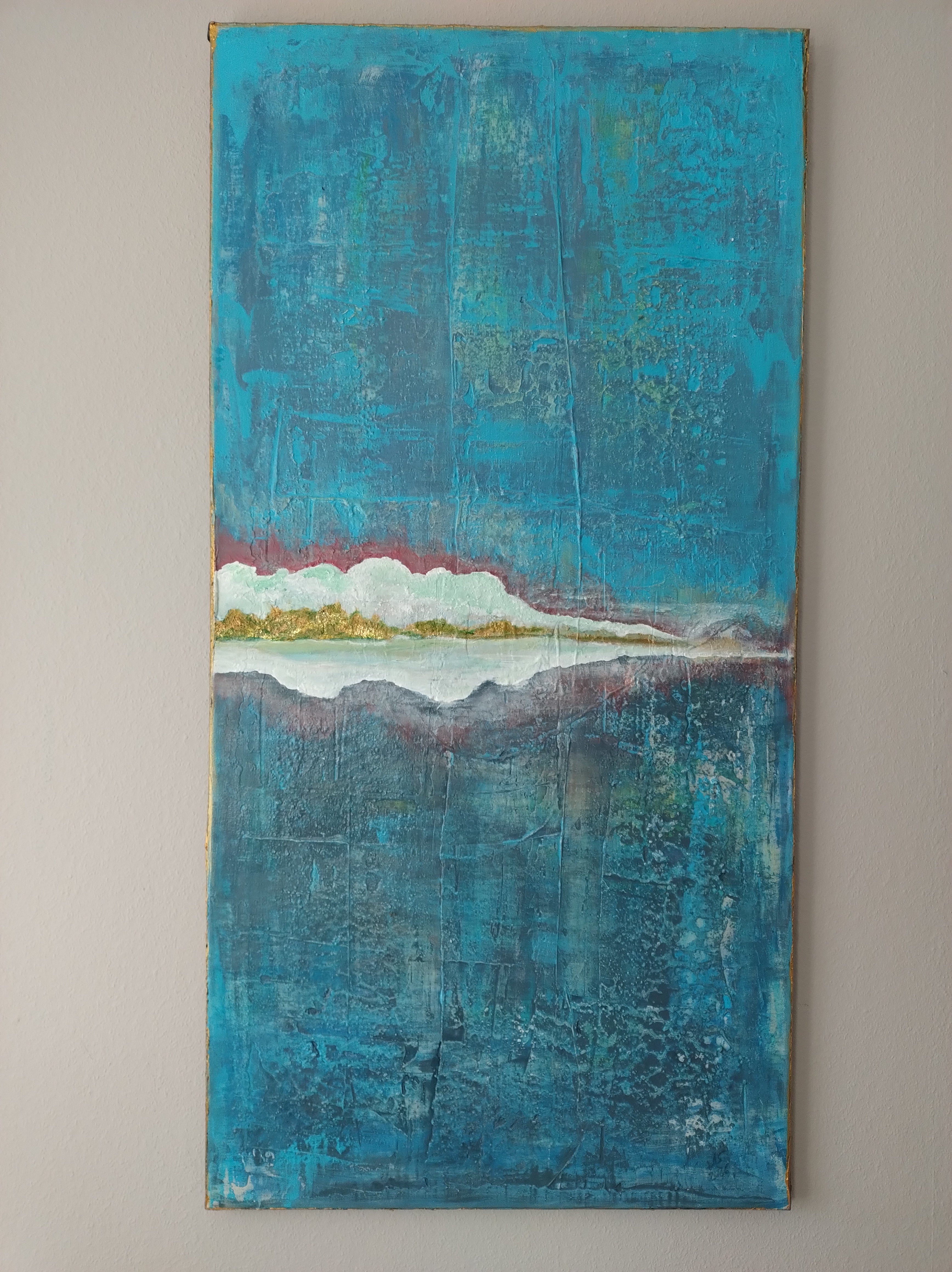 Unikat: Ruhepol, 120 cm x 60 cm, Acryl und Blattgold auf Marmormehl, Kreide und Leinwand