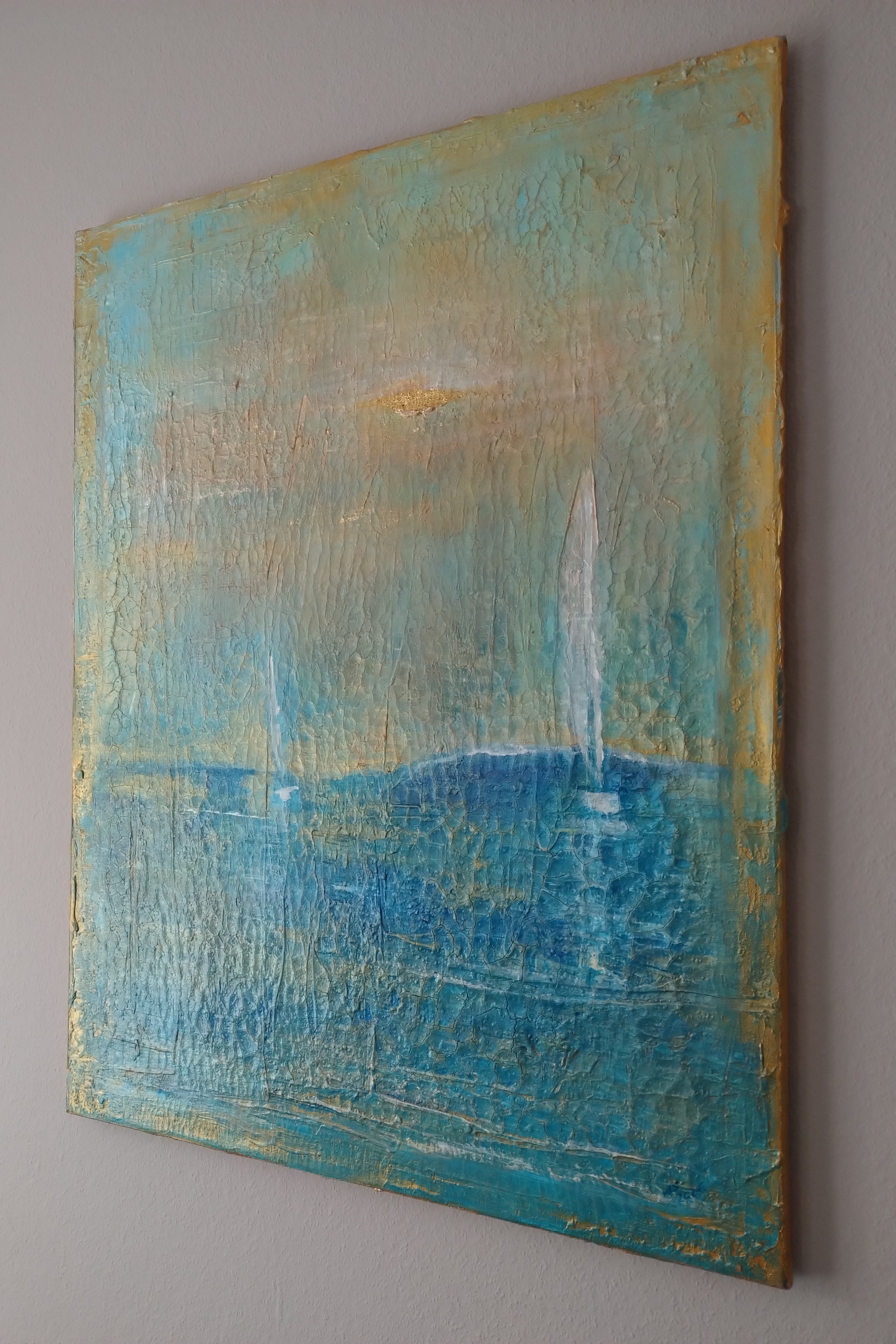 Unikat: Gleich wird's nass, 90 cm x 70 cm, Acryl und Blattgold auf Marmormehl, Kreide und Leinwand, 2026