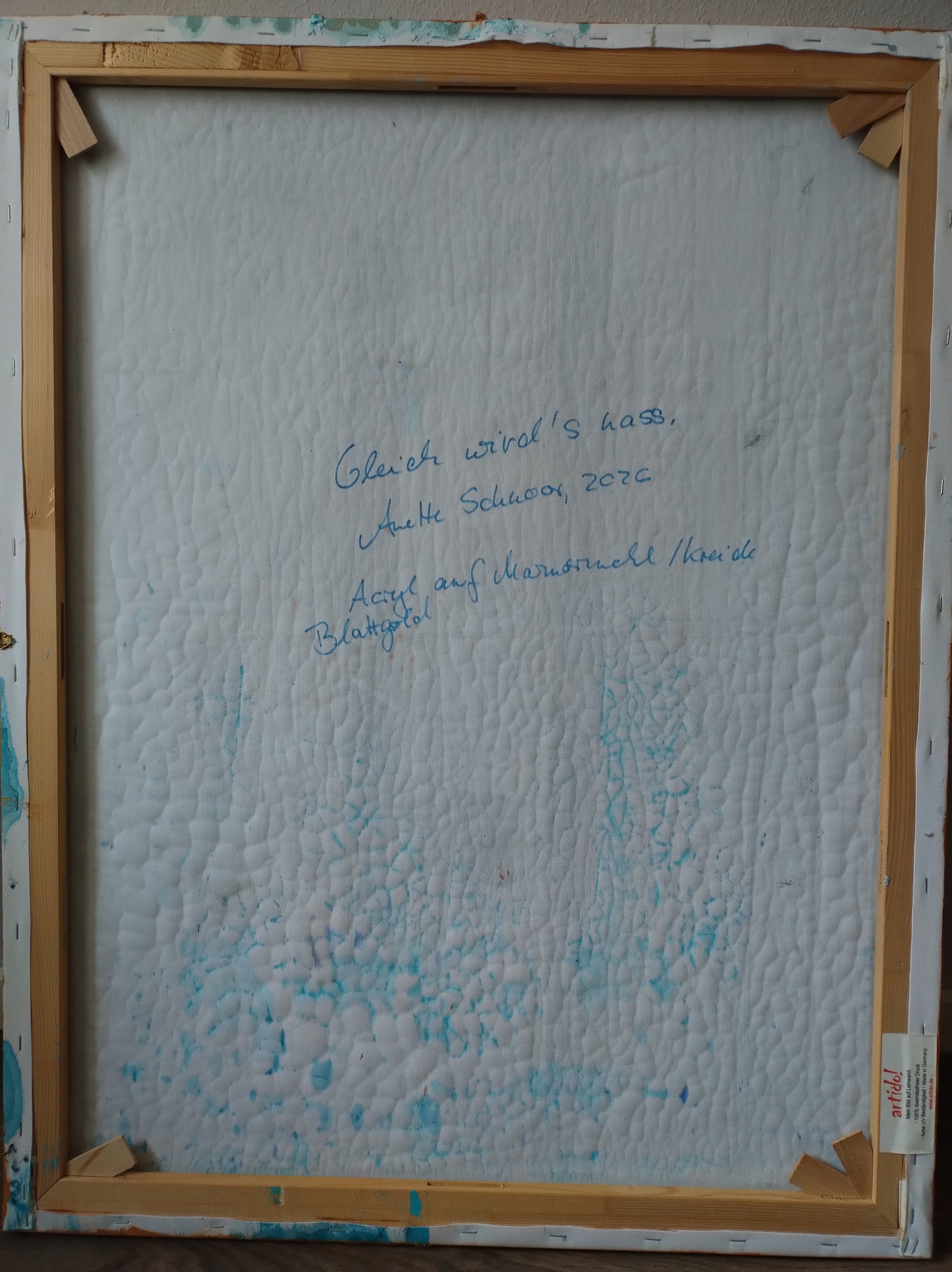 Unikat: Gleich wird's nass, 90 cm x 70 cm, Acryl und Blattgold auf Marmormehl, Kreide und Leinwand, 2026