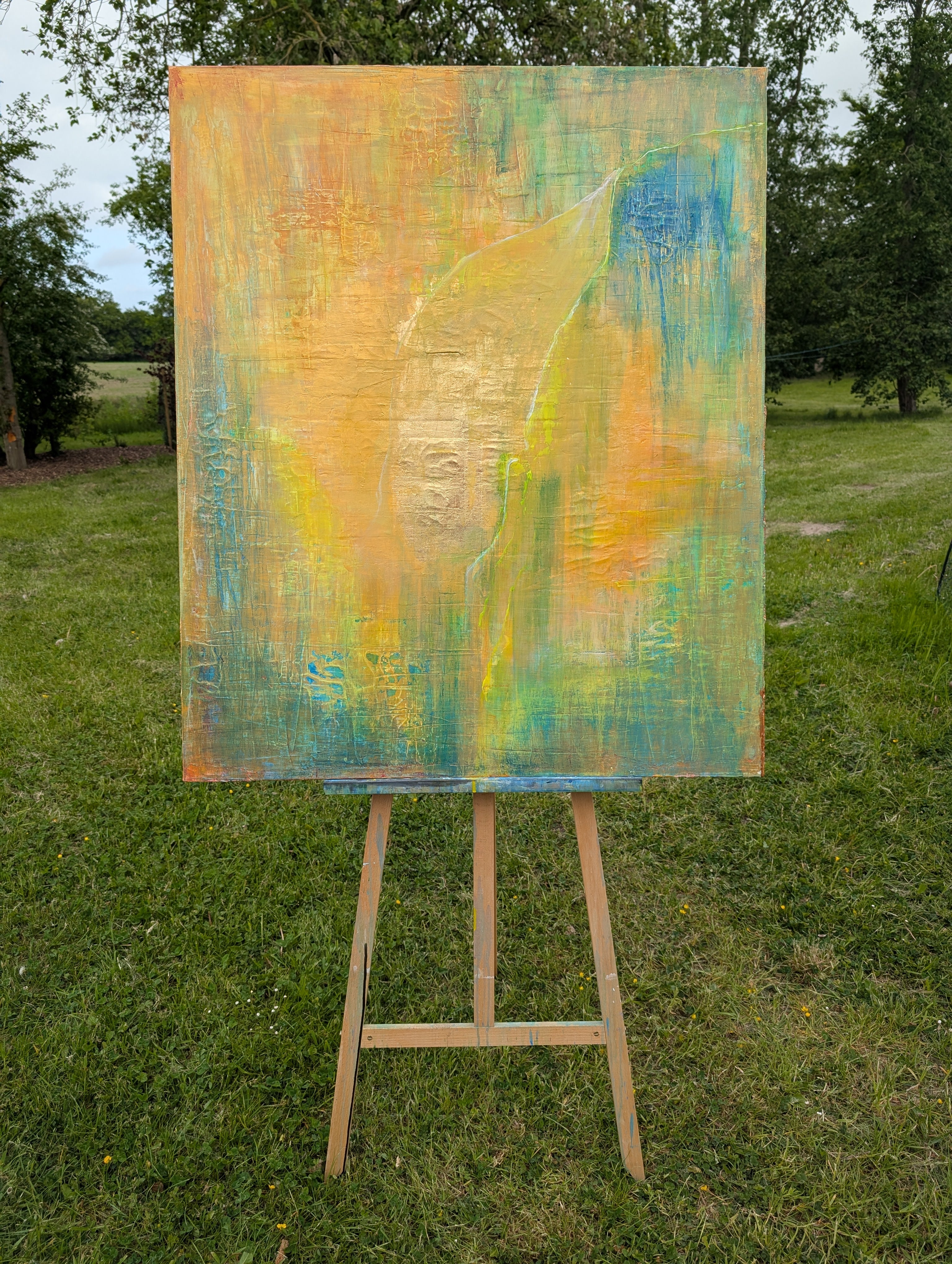 Unikat: Regnet Gold II, 120 cm x 10 cm, Acryl + Blattgold auf Marmormehl und Leinwand