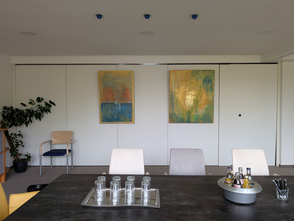 Unikat: Regnet Gold II, 120 cm x 10 cm, Acryl + Blattgold auf Marmormehl und Leinwand