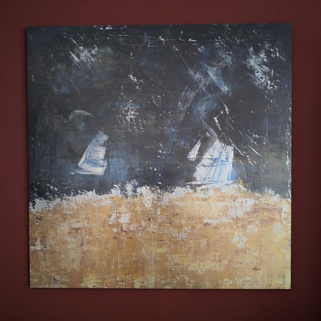 ArtPrint Unikat auf gebürstetem Aluminium: "Regen-Regatta", 90 cm x 90 cm