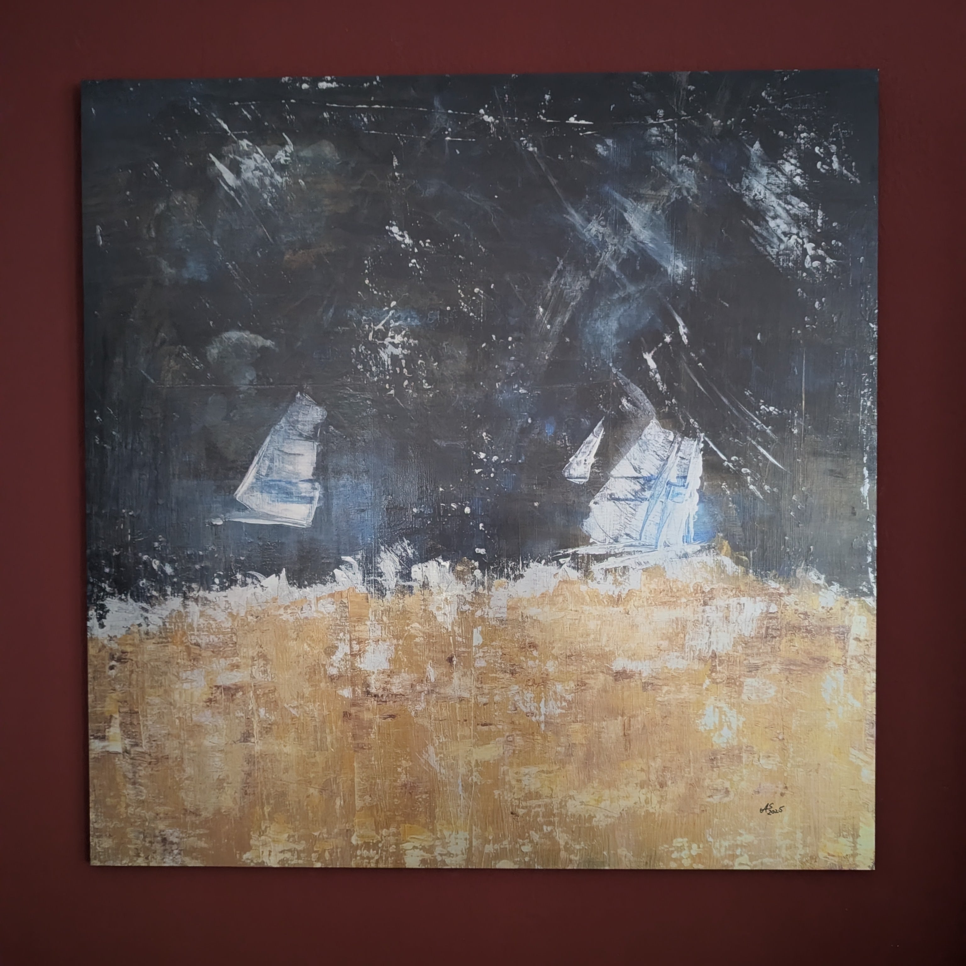 ArtPrint Unikat auf gebürstetem Aluminium: "Regen-Regatta", 90 cm x 90 cm