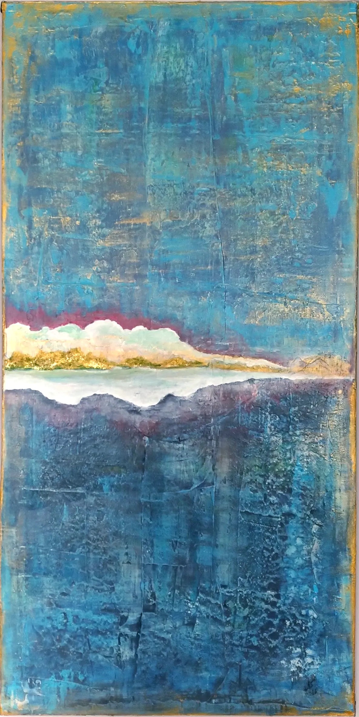 Unikat: Ruhepol, 120 cm x 60 cm, Acryl und Blattgold auf Marmormehl, Kreide und Leinwand, 2026