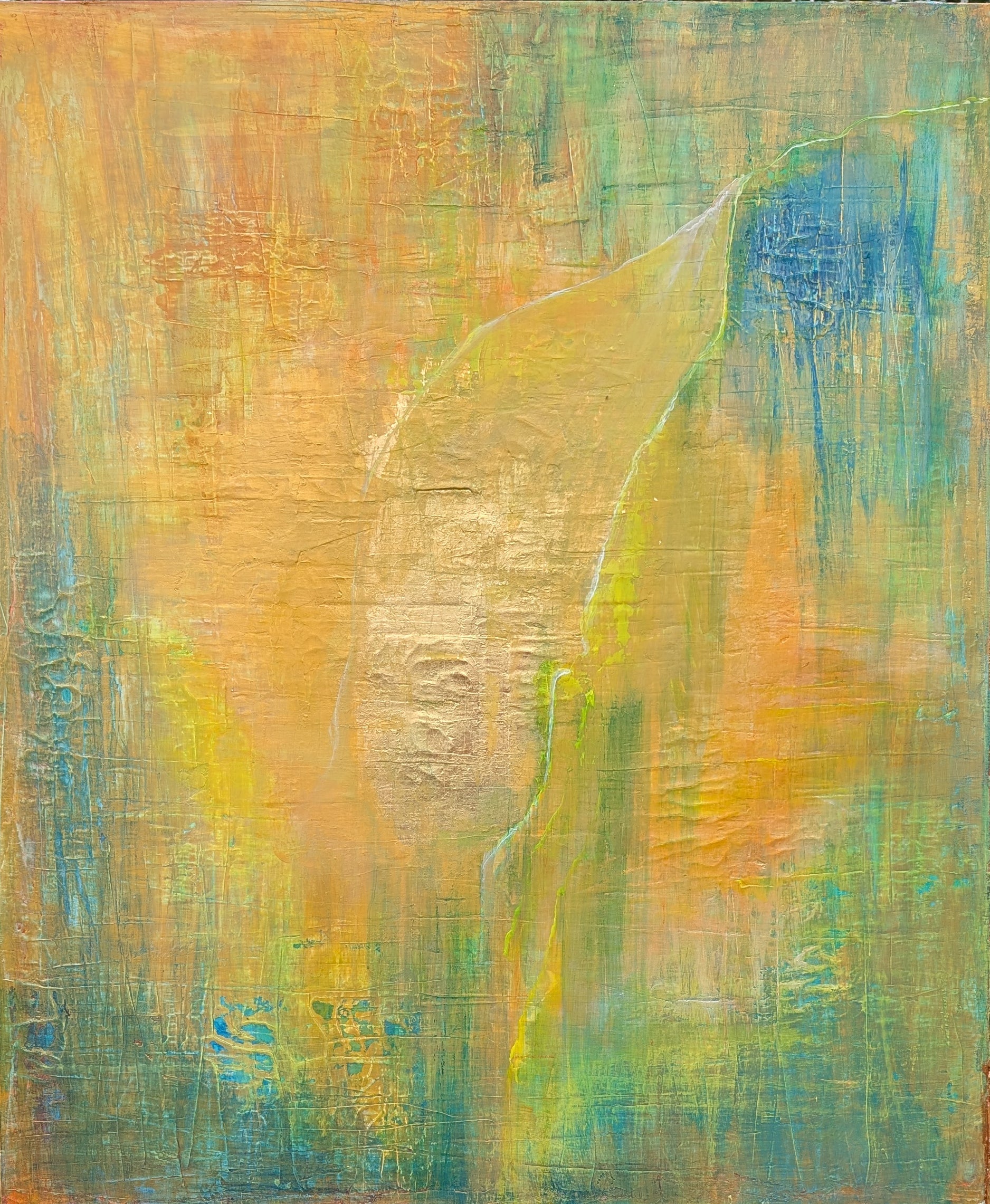 Unikat: Regnet Gold II, 120 cm x 10 cm, Acryl + Blattgold auf Marmormehl und Leinwand